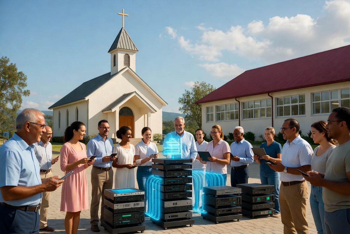 Uma pequena igreja e uma escola cujo sinal se irradia e alcança a comunidade ao redor — pessoas comuns ganhando voz.